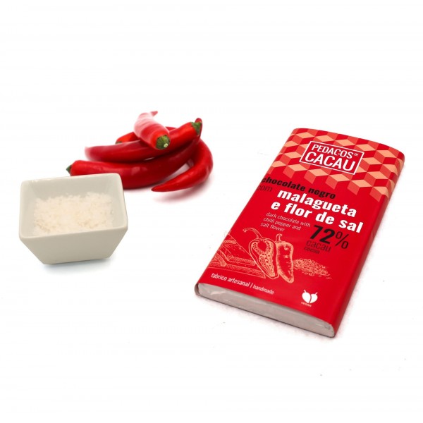 Tablete 30g Malagueta e Flor de Sal Pedaços de Cacau